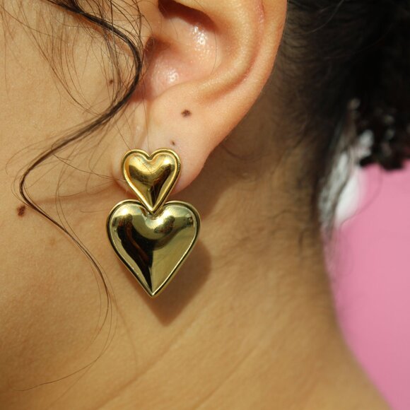 Silver Double Heart Drop Earring Tarnish Free, Hypoallergenic, Waterproof - Picture 1 of 1